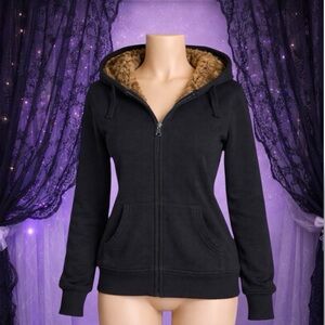 Early 2000s Y2K Brown Fur Hood Zip Up Black Hoodie
